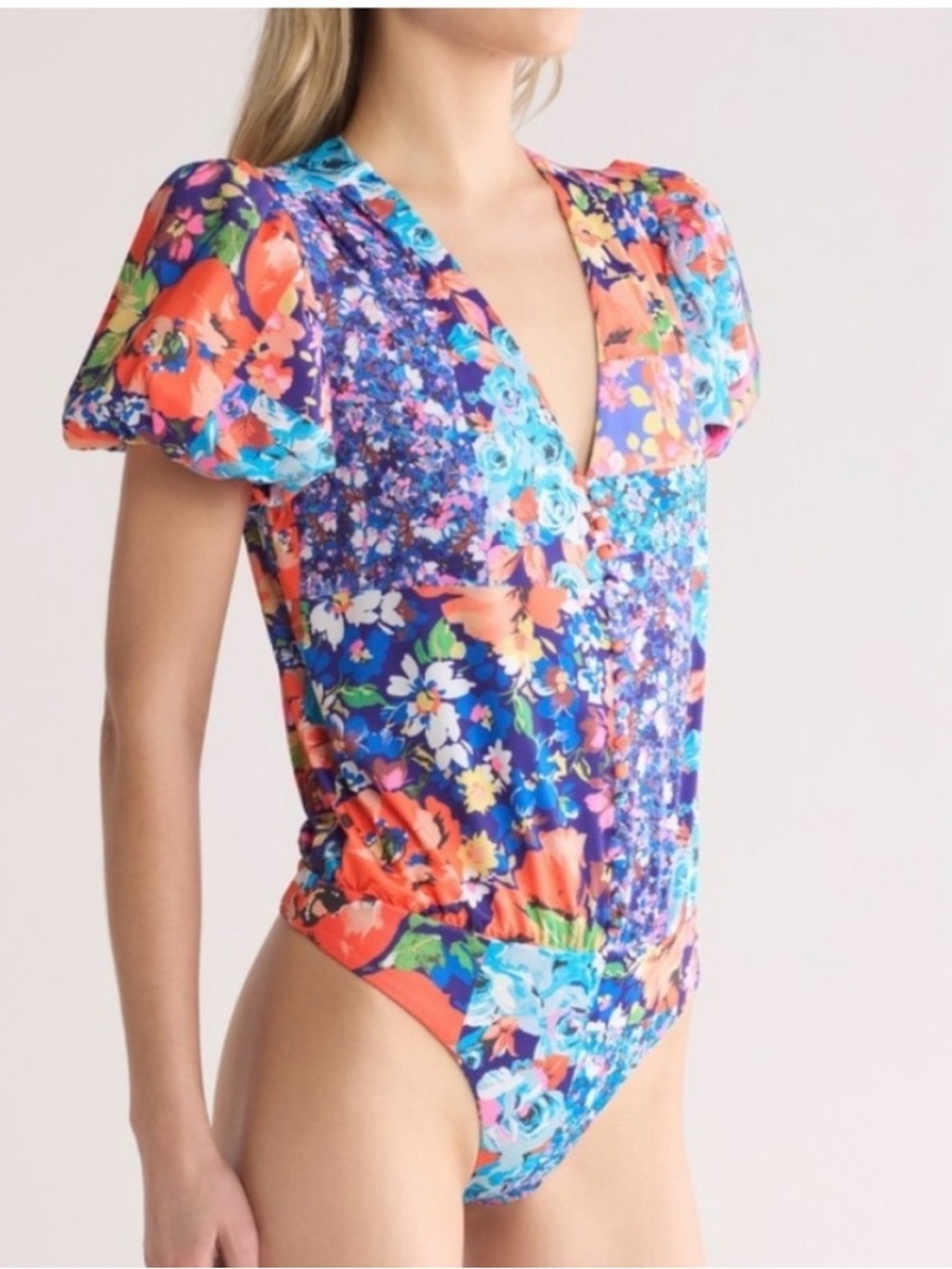 AFRM Floral Puff-Sleeve Bodysuit- Multicolor